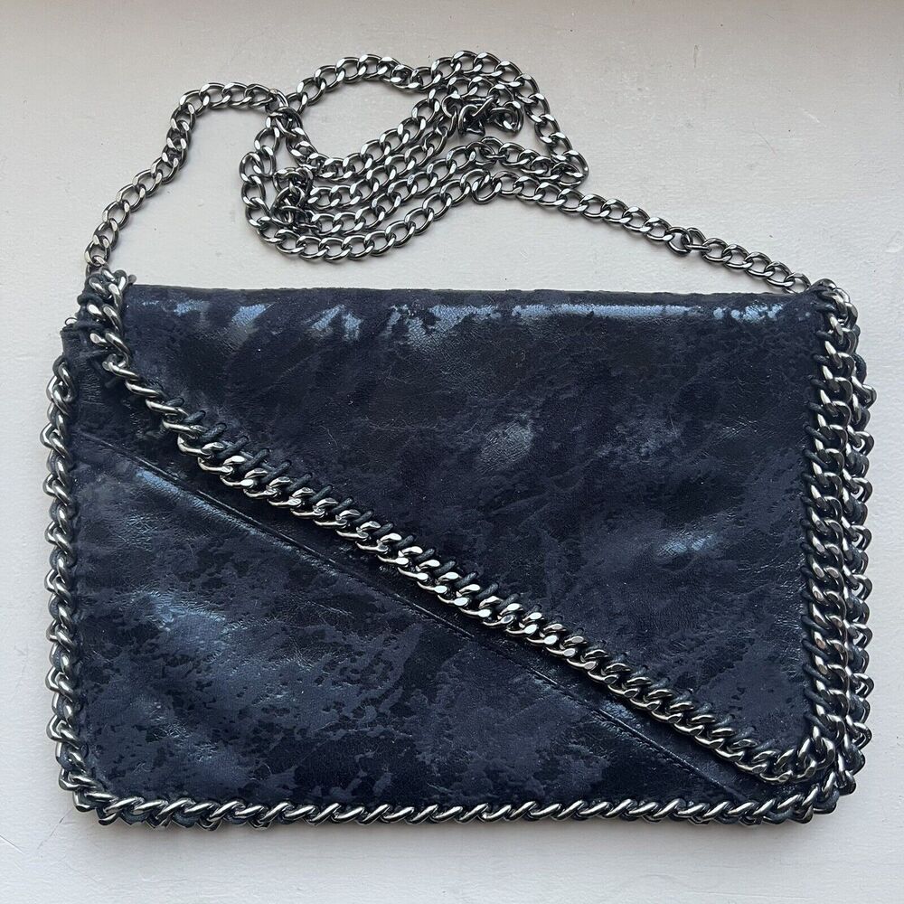 Leith Metallic Black‎ Envelope Shoulder Bag w/ Chain Trim & Removable Strap